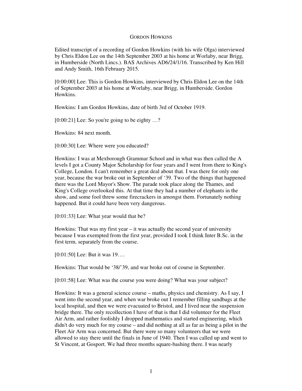 1 Edited Transcript of a Recording of Gordon Howkins (With His Wife
