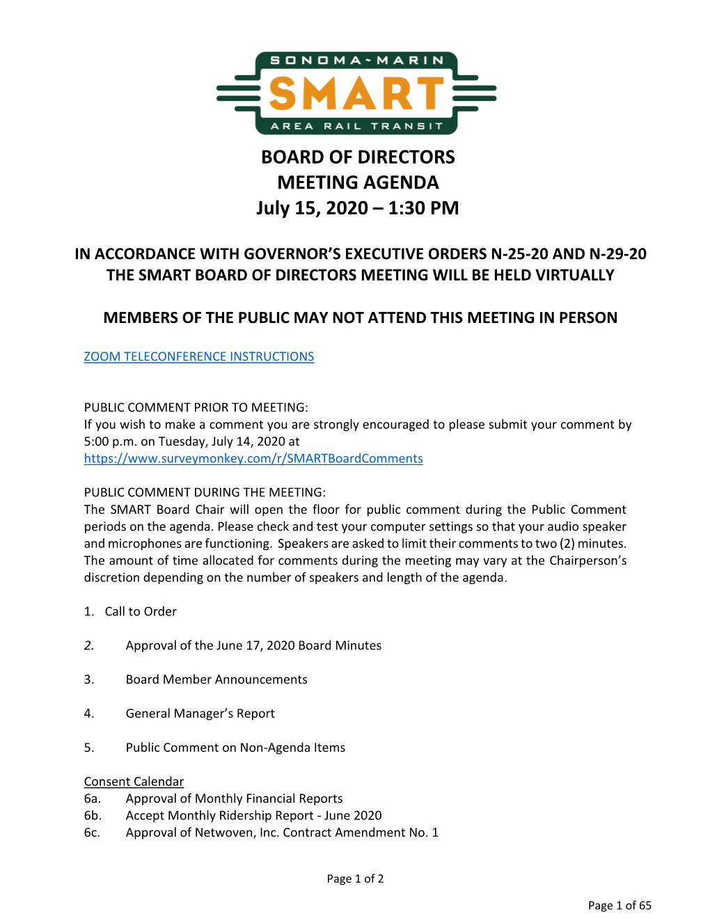 BOARD of DIRECTORS MEETING AGENDA July 15, 2020 – 1:30 PM