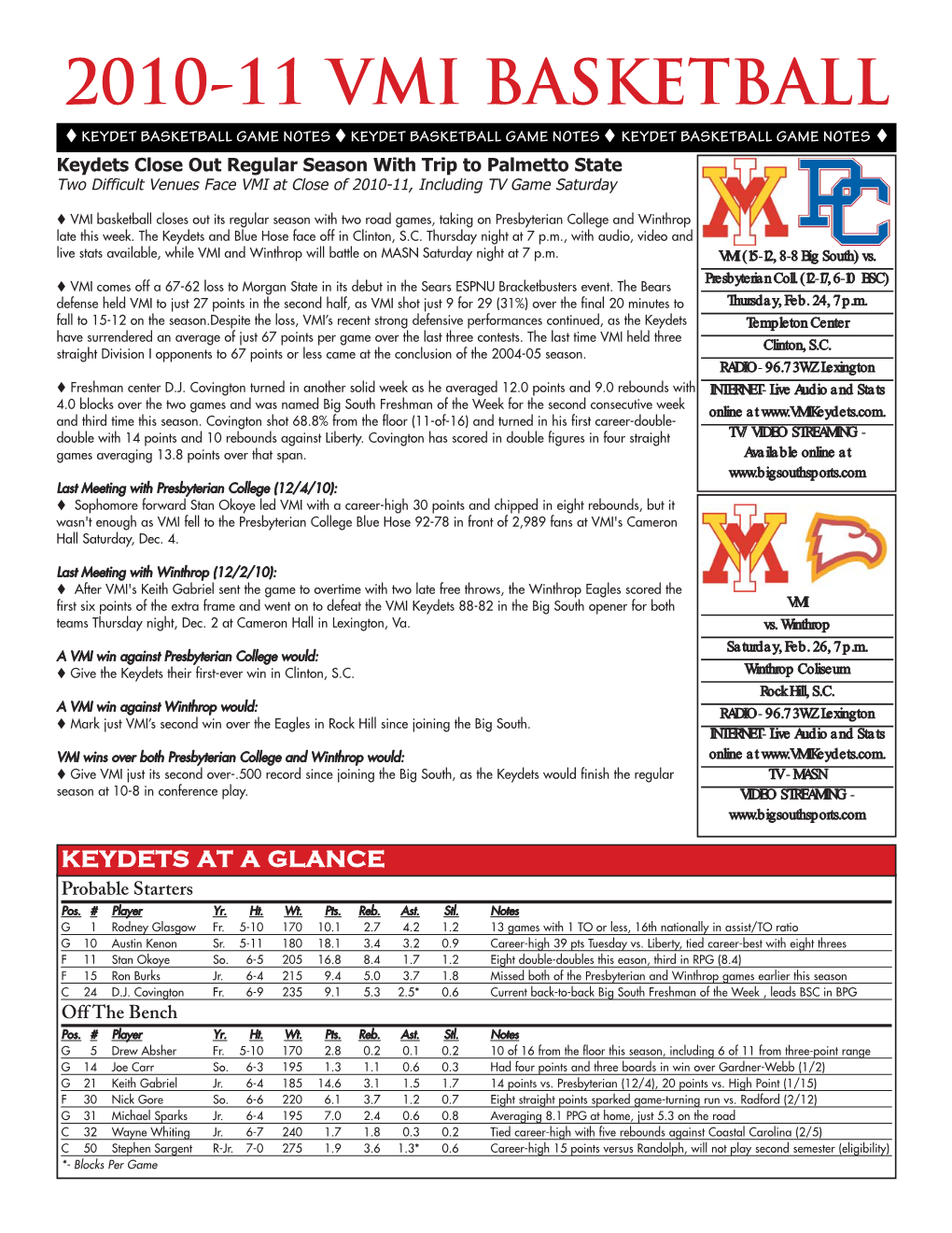 10-11 Bkb Game Notes-PC and WU Away.Qxp