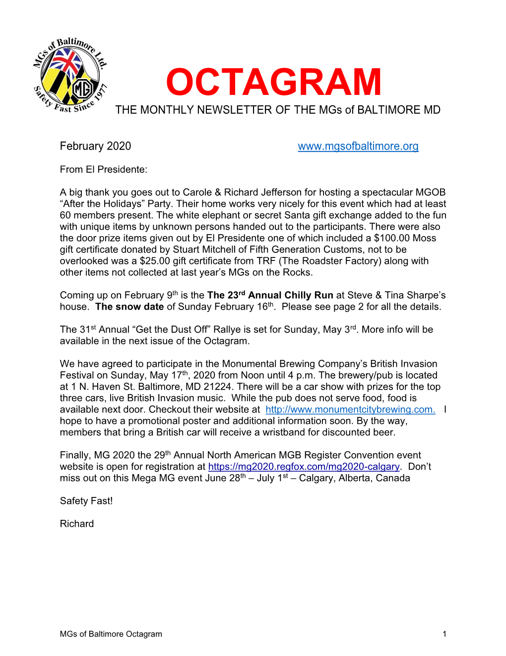 OCTAGRAM the MONTHLY NEWSLETTER of the Mgs of BALTIMORE MD