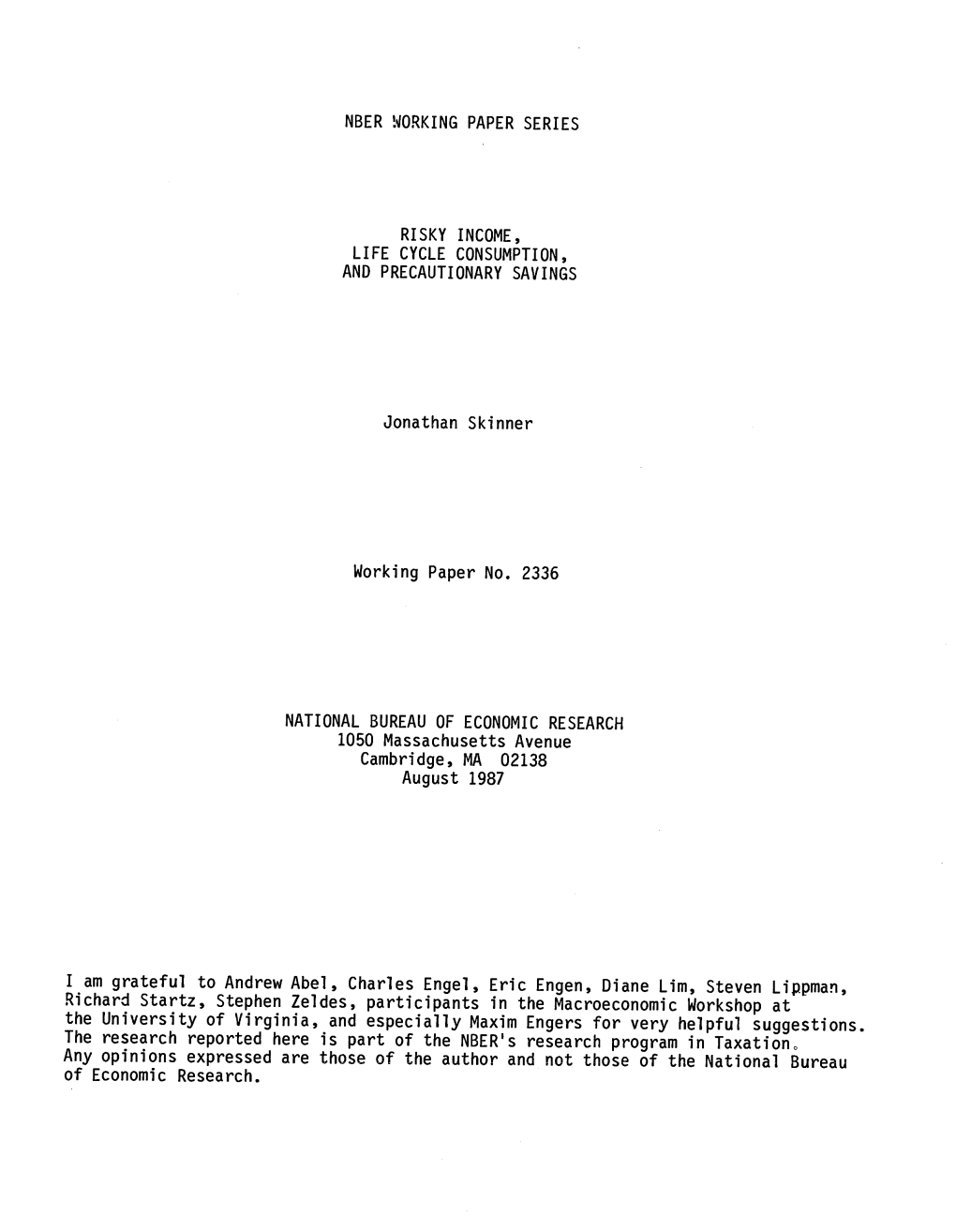 Nber Working Paper Series Life Cycle Consumption, And