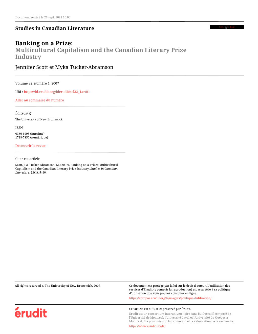 Multicultural Capitalism and the Canadian Literary Prize Industry Jennifer Scott Et Myka Tucker-Abramson