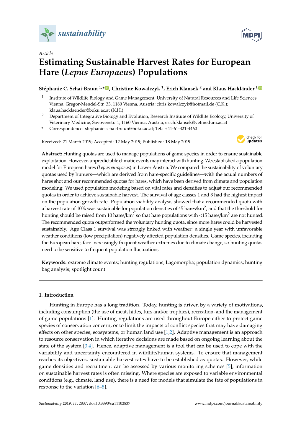 Estimating Sustainable Harvest Rates for European Hare (Lepus Europaeus) Populations