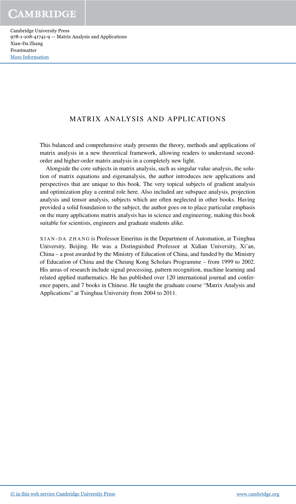 Matrix Analysis and Applications Xian-Da Zhang Frontmatter More Information