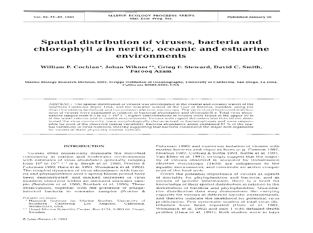 Spatial Distribution of Viruses, Bacteria and Chlorophyll a in Neritic, Oceanic and Estuarine Environments