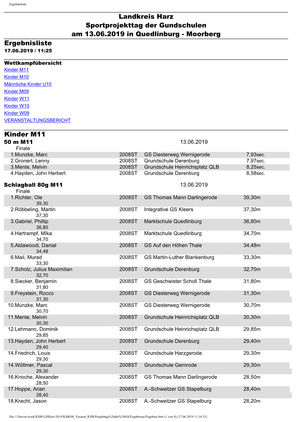 Landkreis Harz Sportprojekttag Der Gundschulen Am 13.06.2019 in Quedlinburg - Moorberg Ergebnisliste 17.06.2019 / 11:25