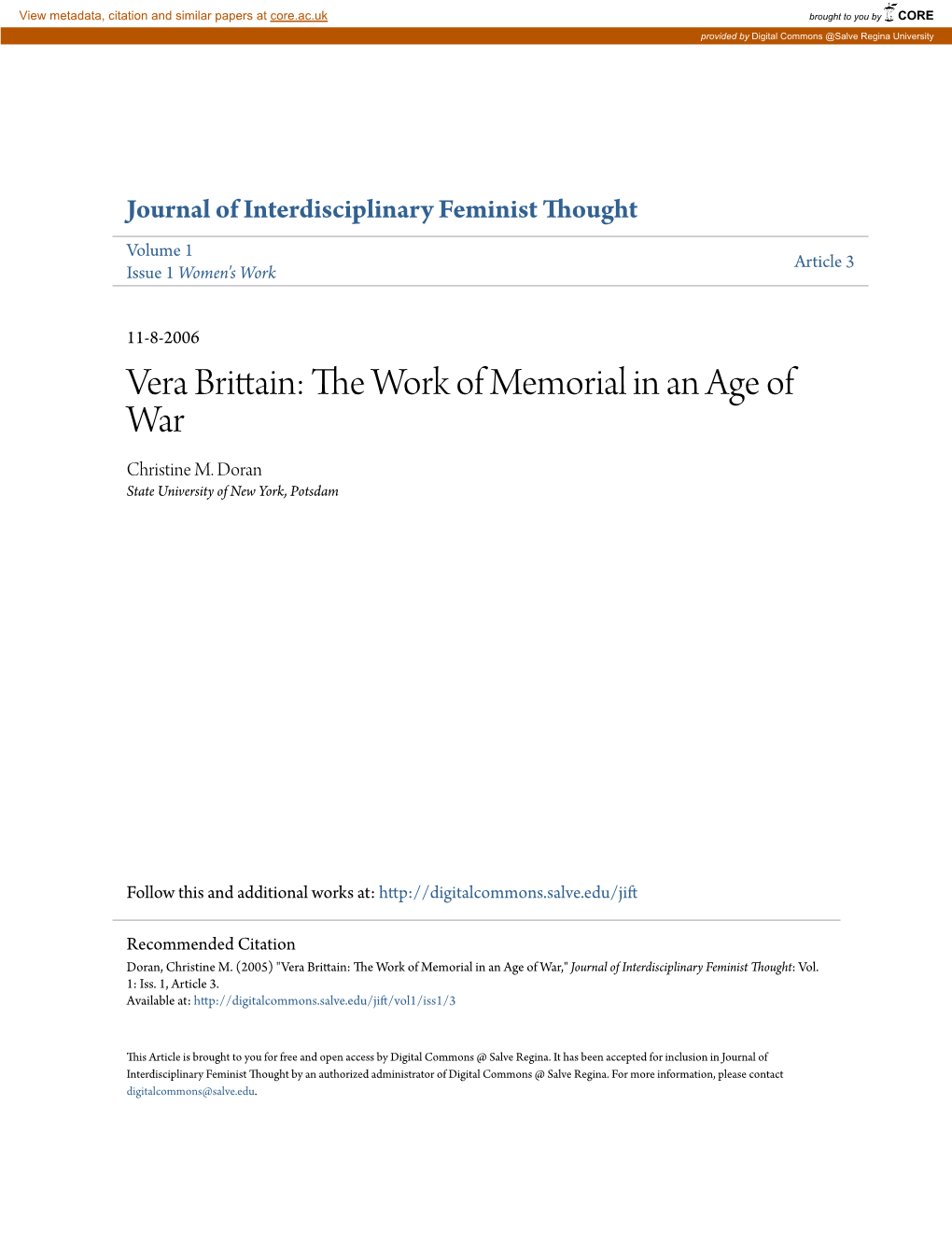 Vera Brittain: the Orw K of Memorial in an Age of War Christine M