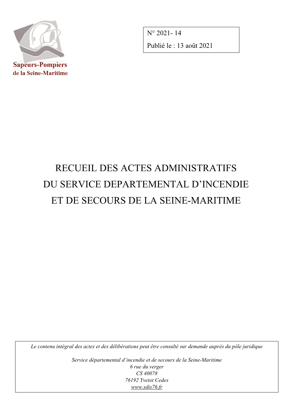 Recueil Des Actes Administratifs Du Service Departemental D'incendie Et