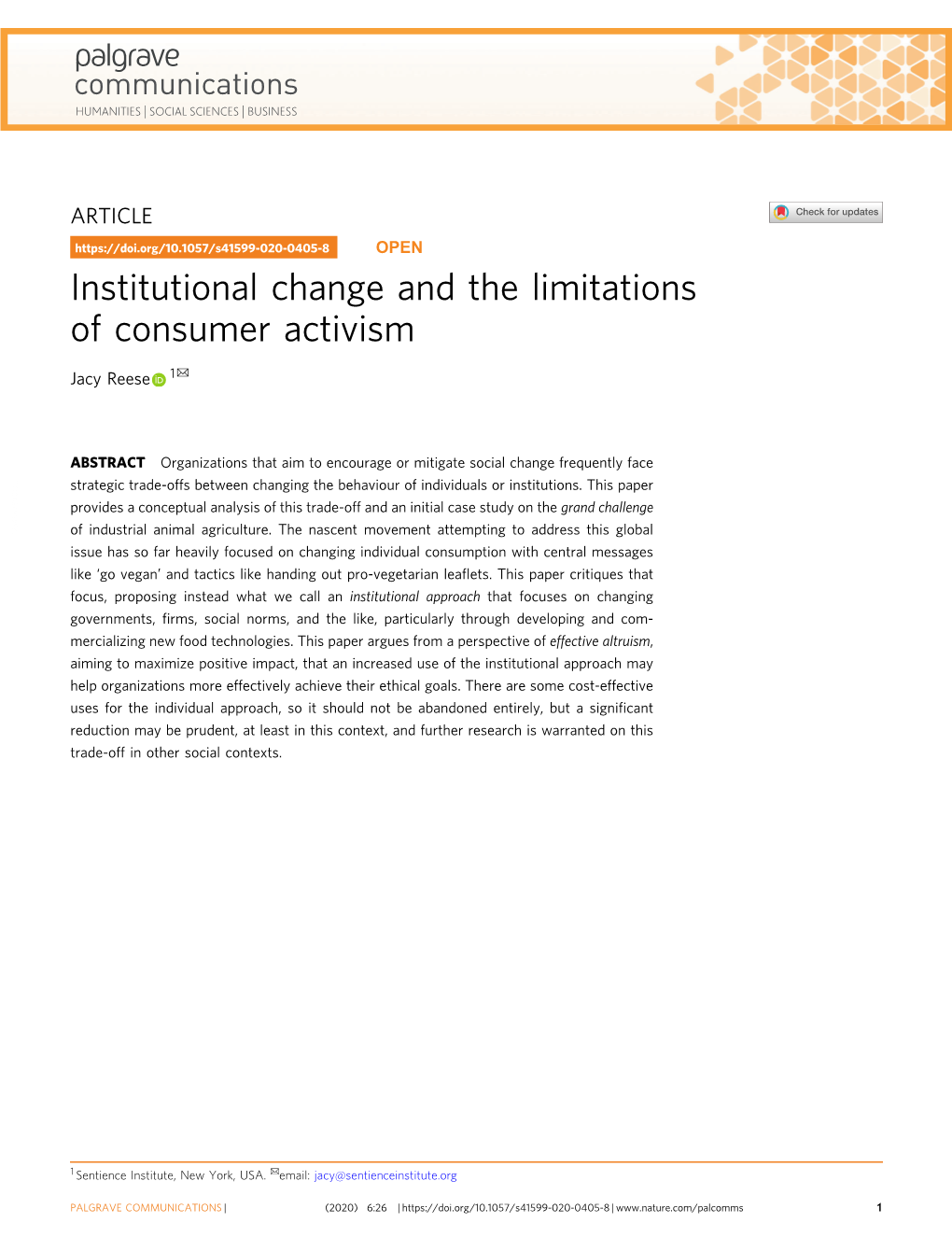 Institutional Change and the Limitations of Consumer Activism ✉ Jacy Reese 1