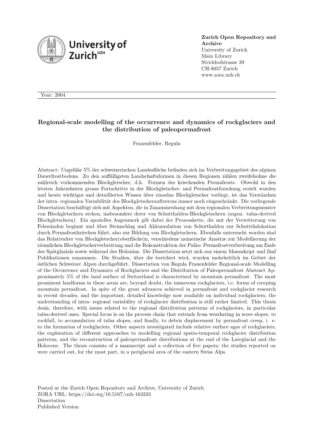 Regional-Scale Modelling of the Occurrence and Dynamics of Rockglaciers and the Distribution of Paleopermafrost