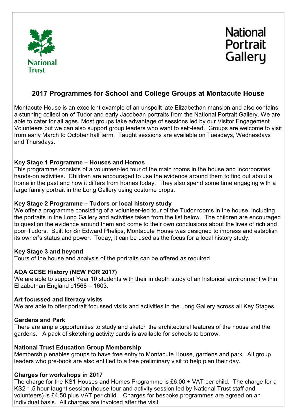 2017 Programmes for School and College Groups at Montacute House