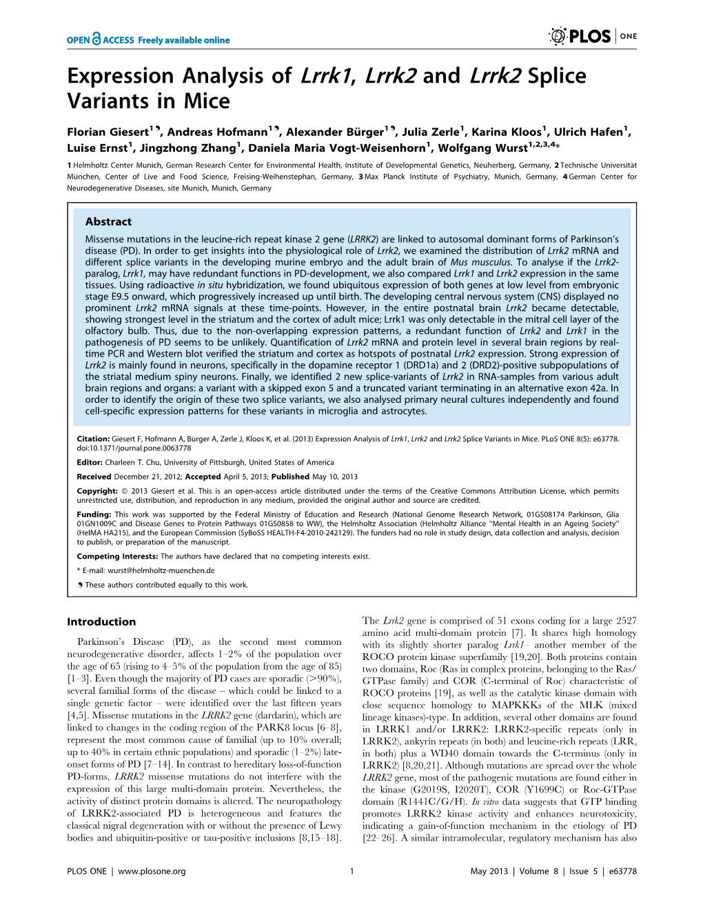 Expression Analysis of Lrrk1, Lrrk2 and Lrrk2 Splice Variants in Mice