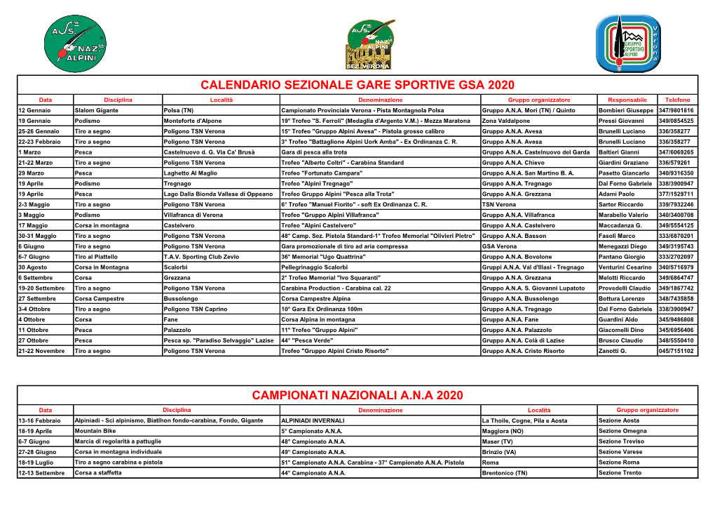 Calendario Sezionale Gare Sportive Gsa 2020