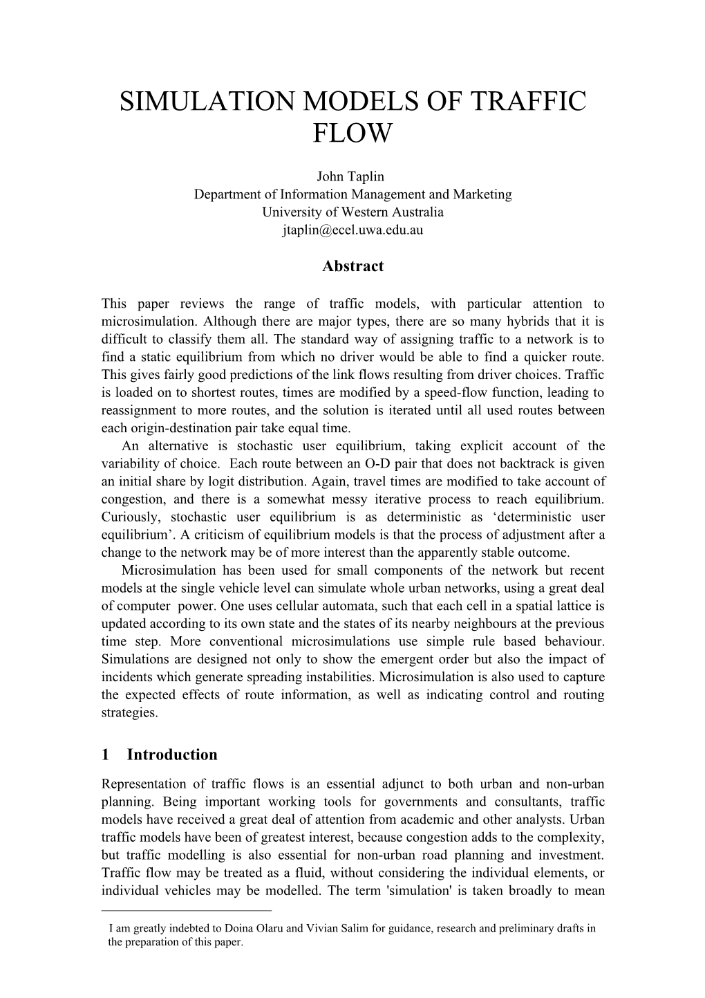 Simulation Models of Traffic Flow