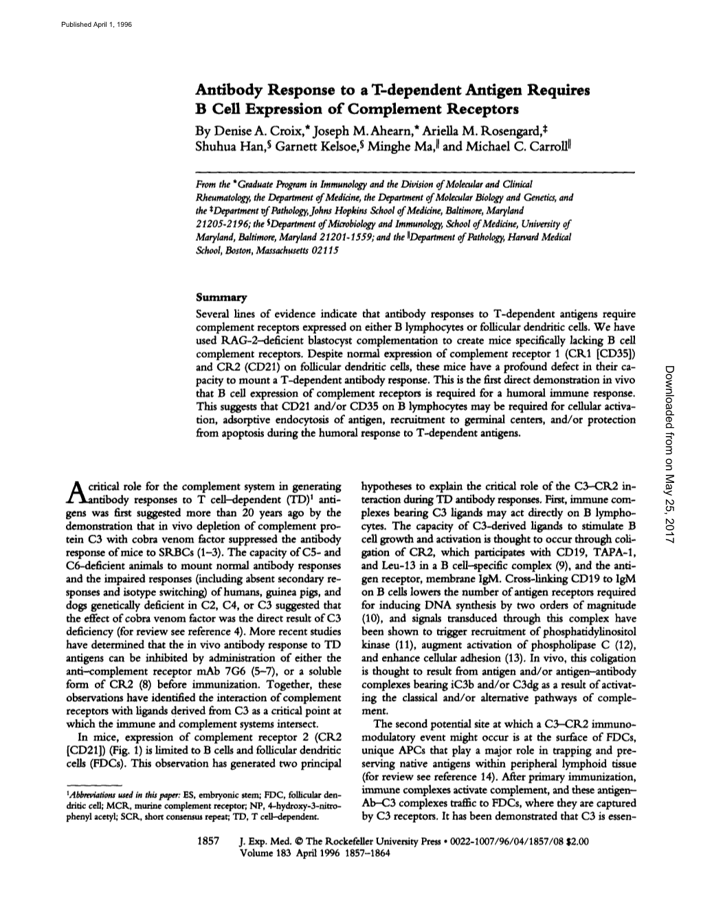 Antibody Response to a T-Dependent Antigen Requires B Cell Expression of Complement Receptors by Denise A