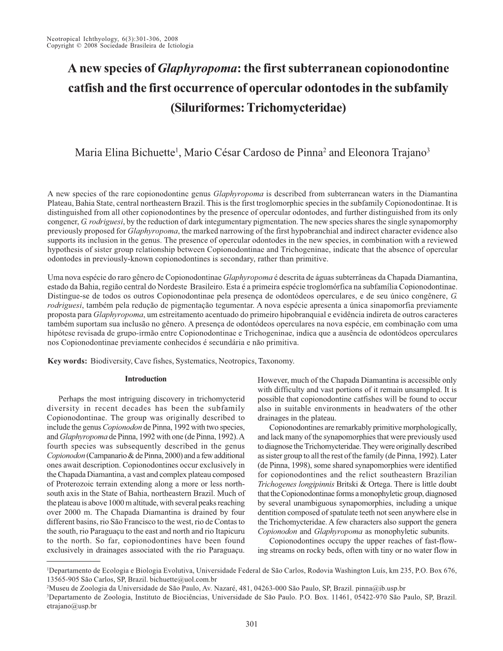 The First Subterranean Copionodontine Catfish and the First Occurrence of Opercular Odontodes in the Subfamily (Siluriformes: Trichomycteridae)