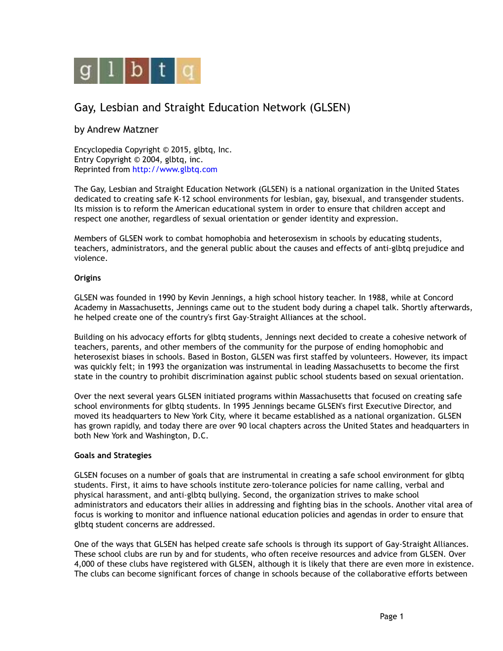 Gay, Lesbian and Straight Education Network (GLSEN) by Andrew Matzner