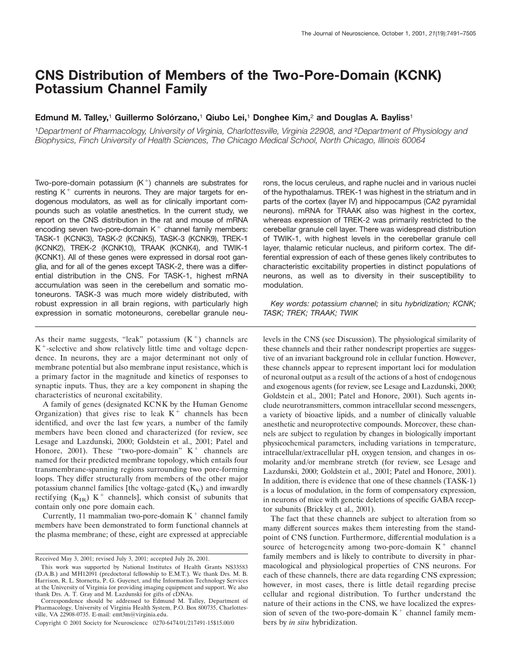 CNS Distribution of Members of the Two-Pore-Domain (KCNK) Potassium Channel Family