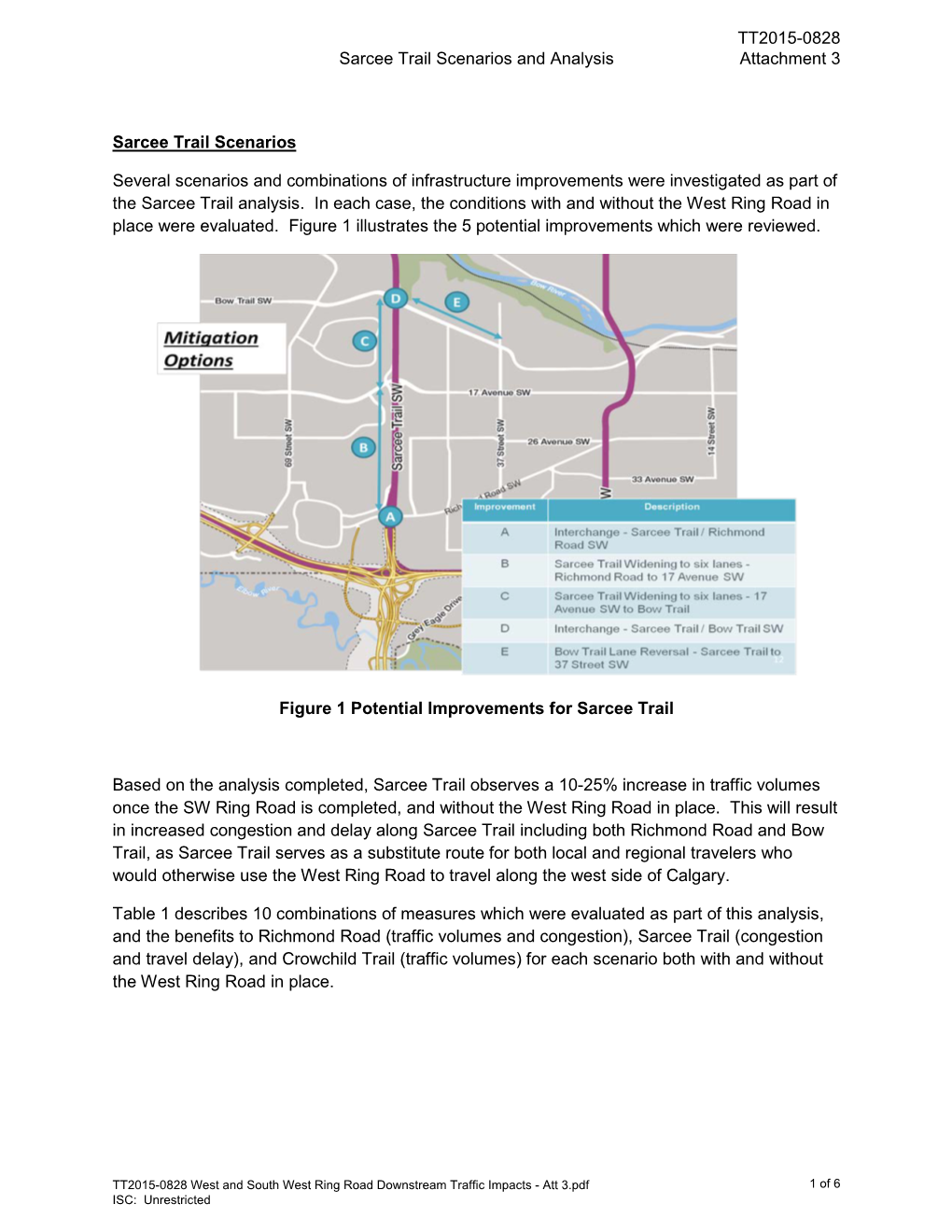 West and South West Ring Road Downstream Traffic Impacts - Att 3.Pdf 1 of 6 ISC: Unrestricted Sarcee Trail Scenarios and Analysis