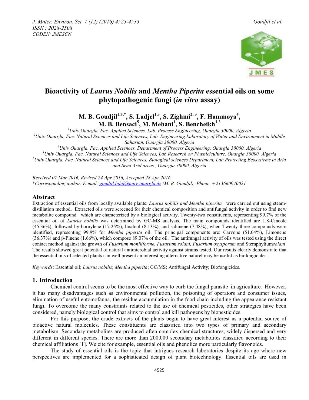 Bioactivity of Laurus Nobilis and Mentha Piperita Essential Oils on Some Phytopathogenic Fungi )In Vitro Assay)