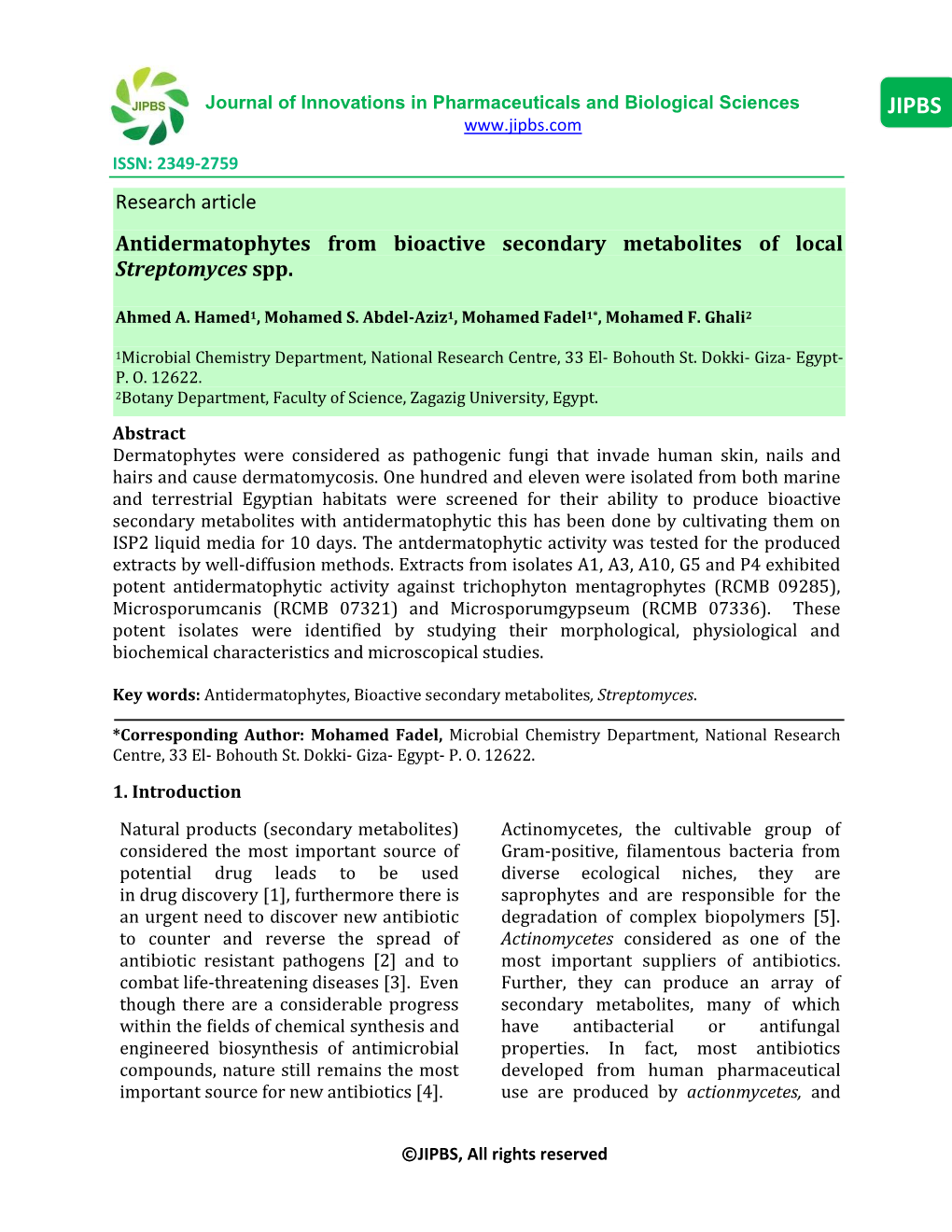 Research Article Antidermatophytes from Bioactive Secondary Metabolites of Local Streptomyces Spp