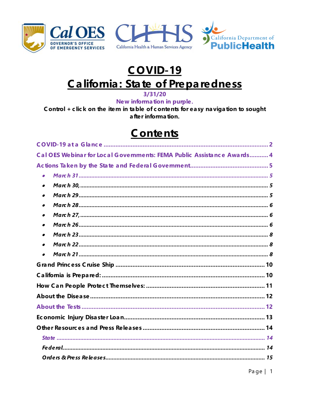 COVID-19 California: State of Preparedness 3/31/20 New Information in Purple