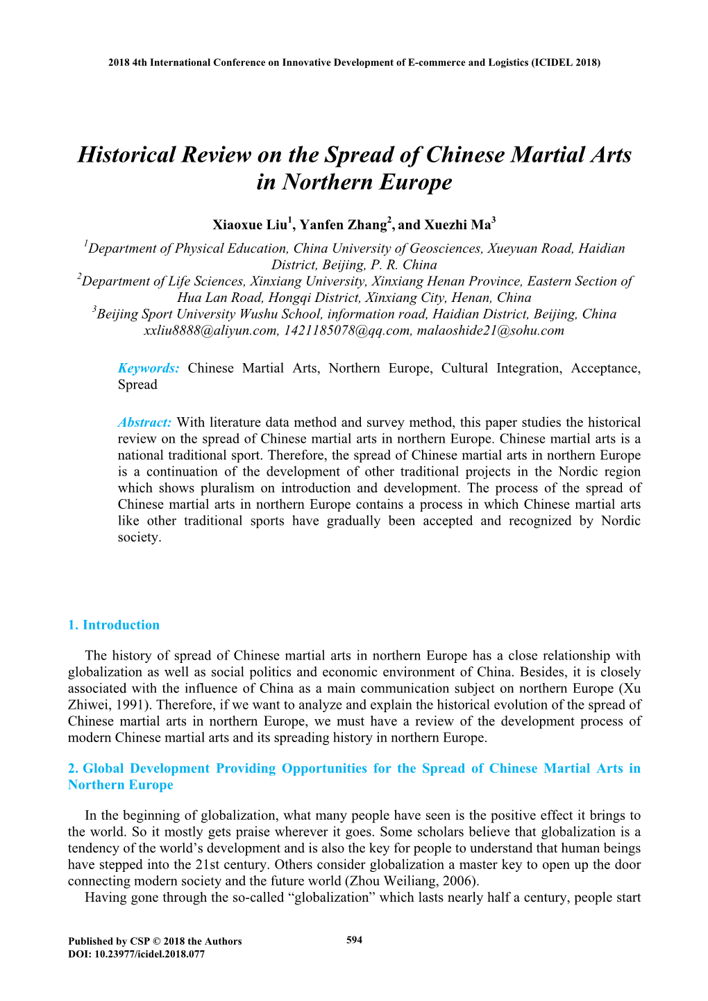 Historical Review on the Spread of Chinese Martial Arts in Northern Europe