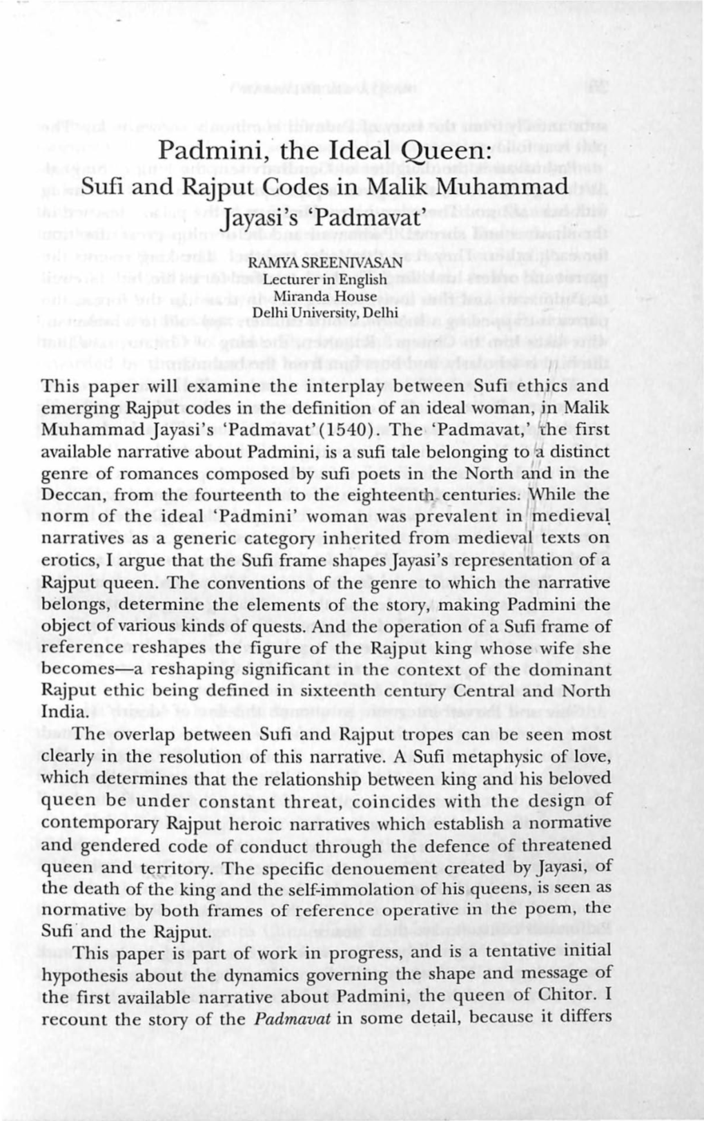 Padmini,· the Ideal Queen: Sufi and Rajput Codes in Malik Muhammad Jayasi's 'Padmavat'