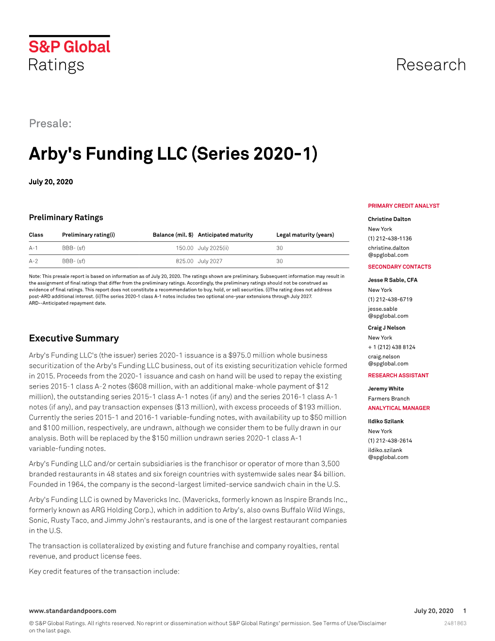 Arby's Funding LLC (Series 2020-1)