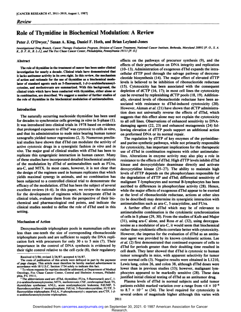 Review Role of Thymidine in Biochemical Modulation: a Review Peter J