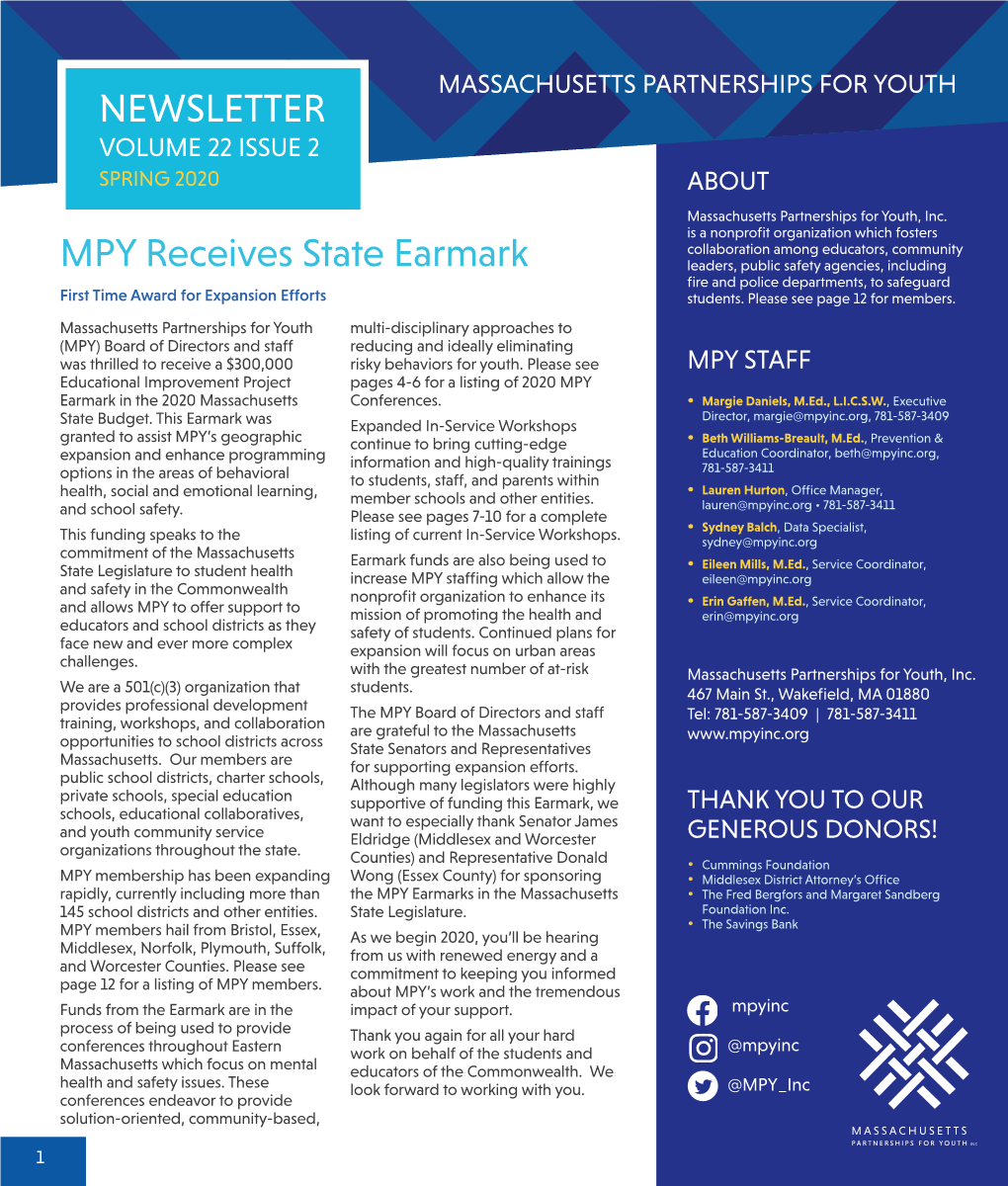 NEWSLETTER MPY Receives State Earmark