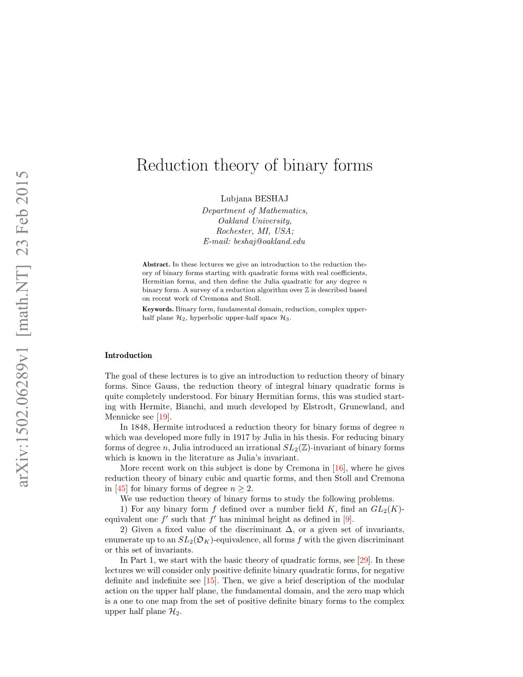 Reduction Theory of Binary Forms Arxiv:1502.06289V1 [Math.NT] 23 Feb 2015