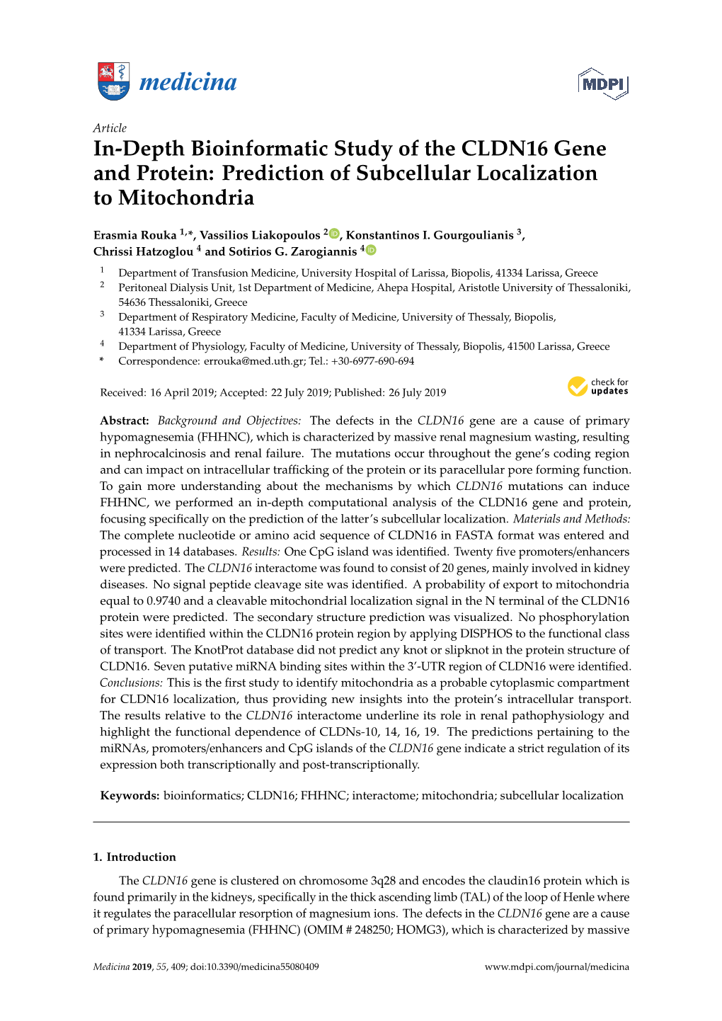 In-Depth Bioinformatic Study of the CLDN16 Gene and Protein: Prediction of Subcellular Localization to Mitochondria