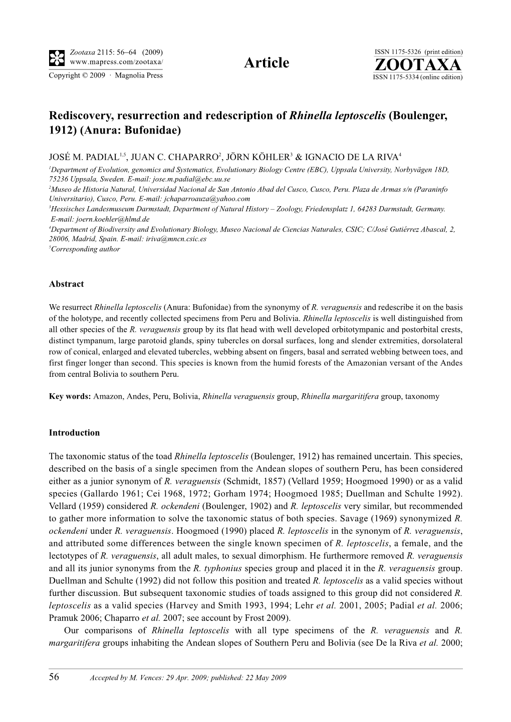 Zootaxa, Rediscovery, Resurrection and Redescription of Rhinella