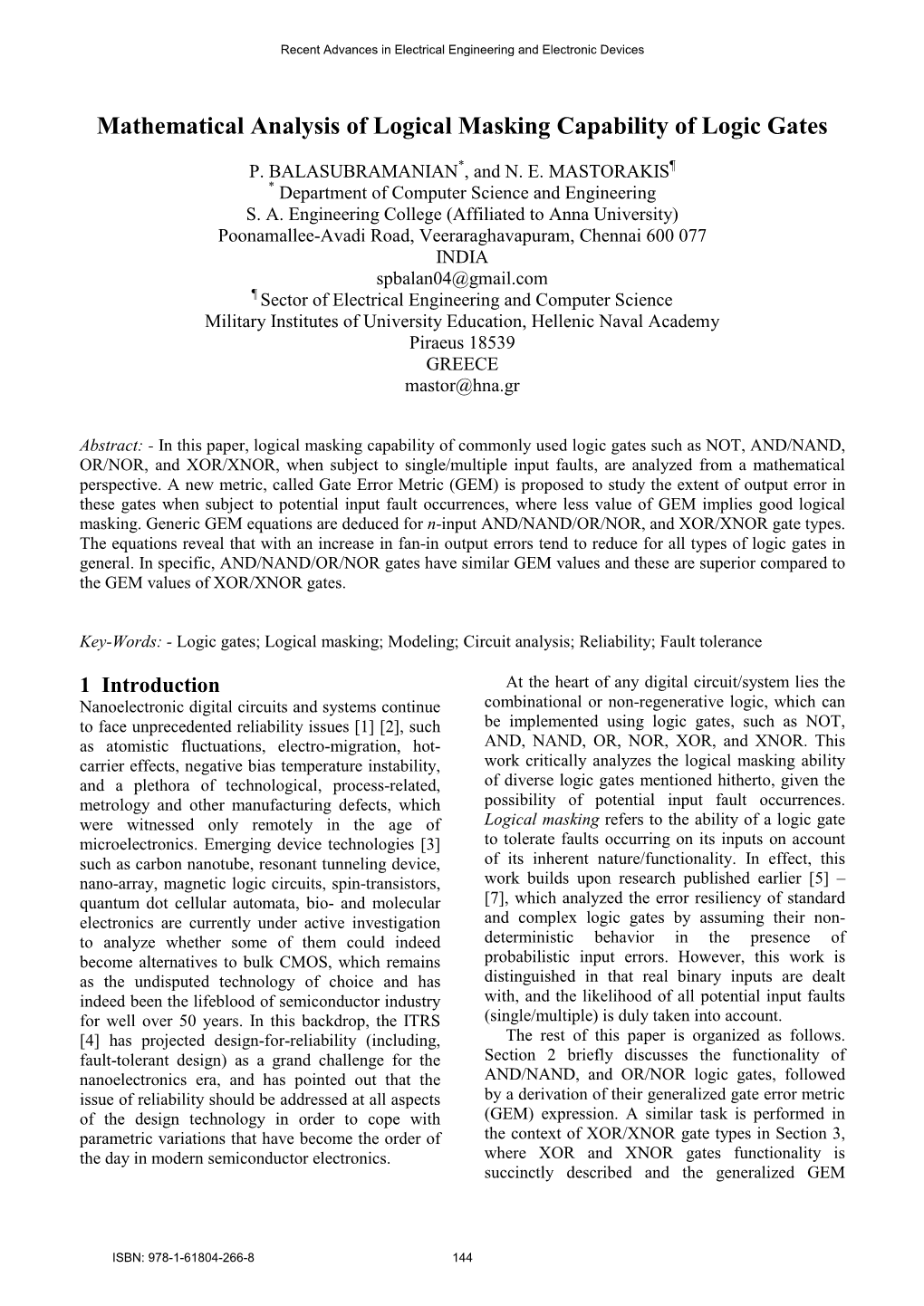 Mathematical Analysis of Logical Masking Capability of Logic Gates