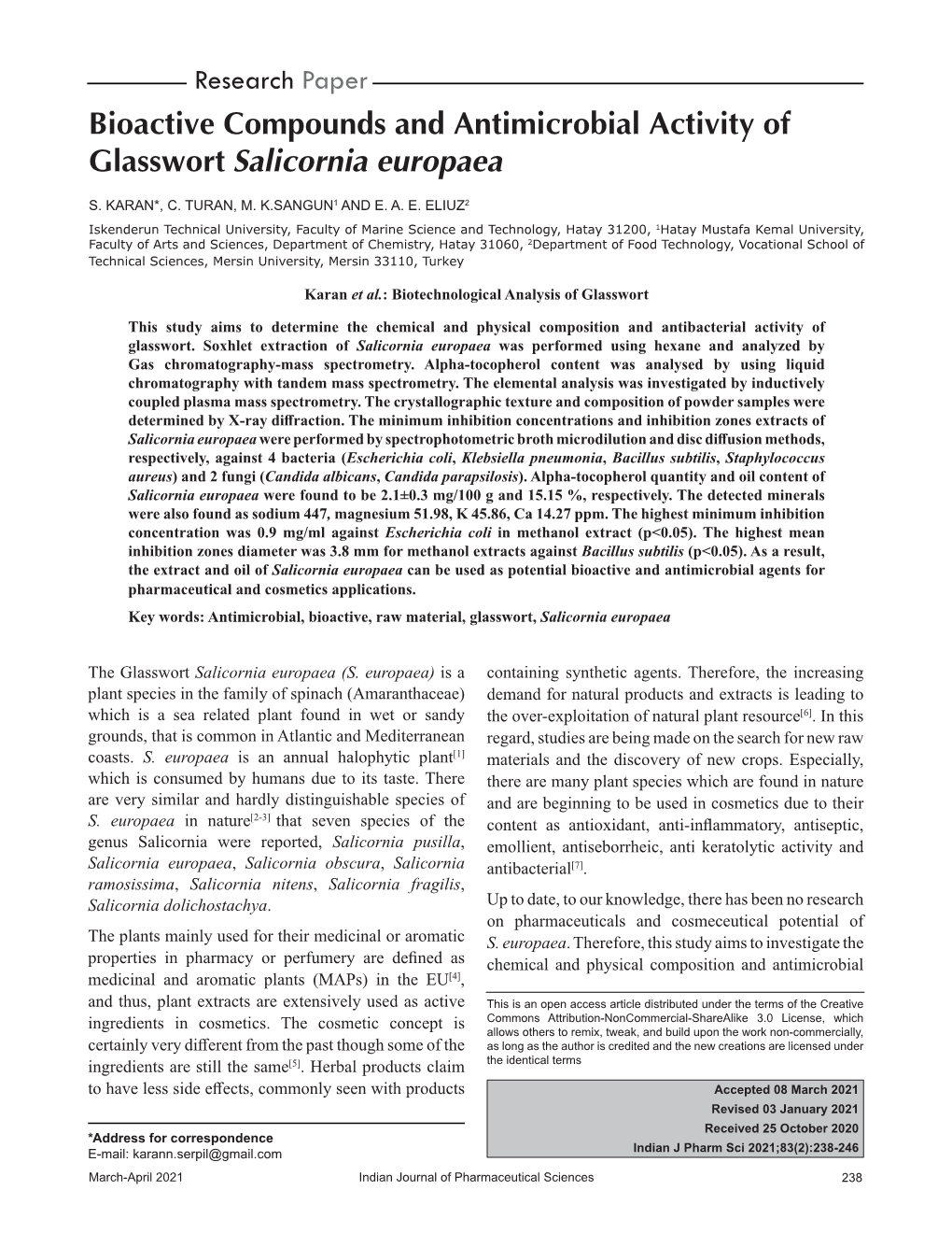Bioactive Compounds and Antimicrobial Activity of Glasswort Salicornia Europaea