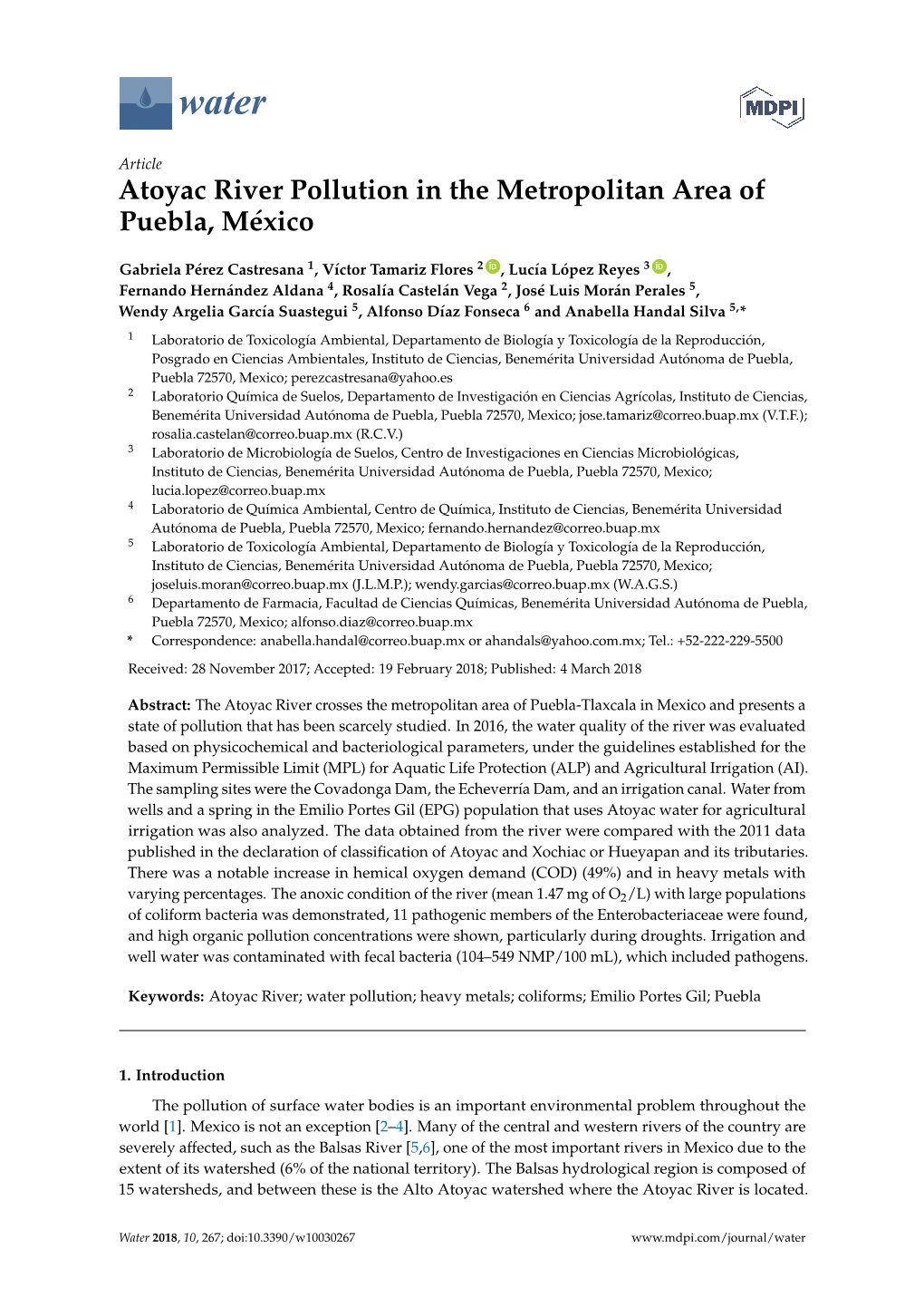 Atoyac River Pollution in the Metropolitan Area of Puebla, México