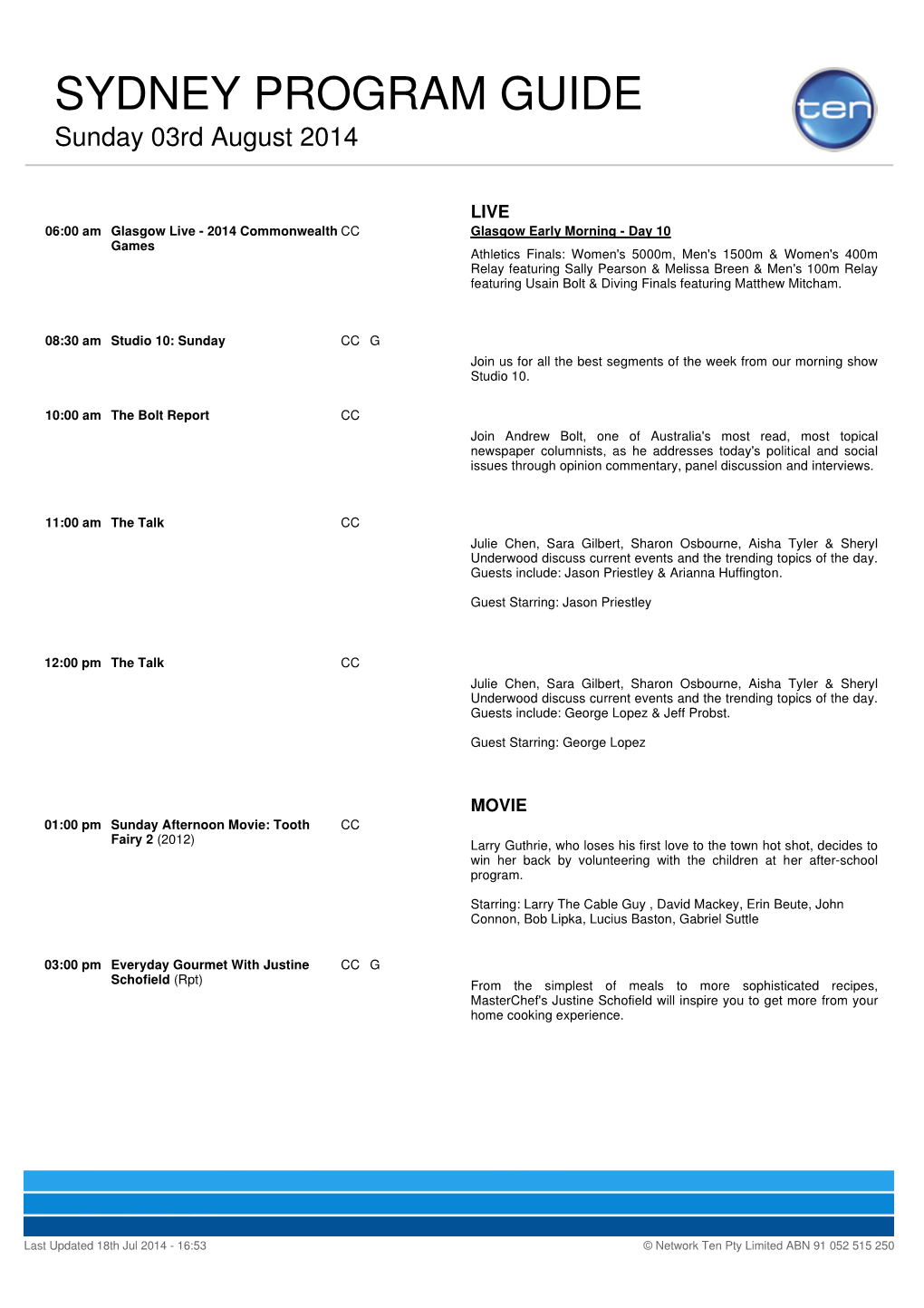 SYDNEY PROGRAM GUIDE Sunday 03Rd August 2014