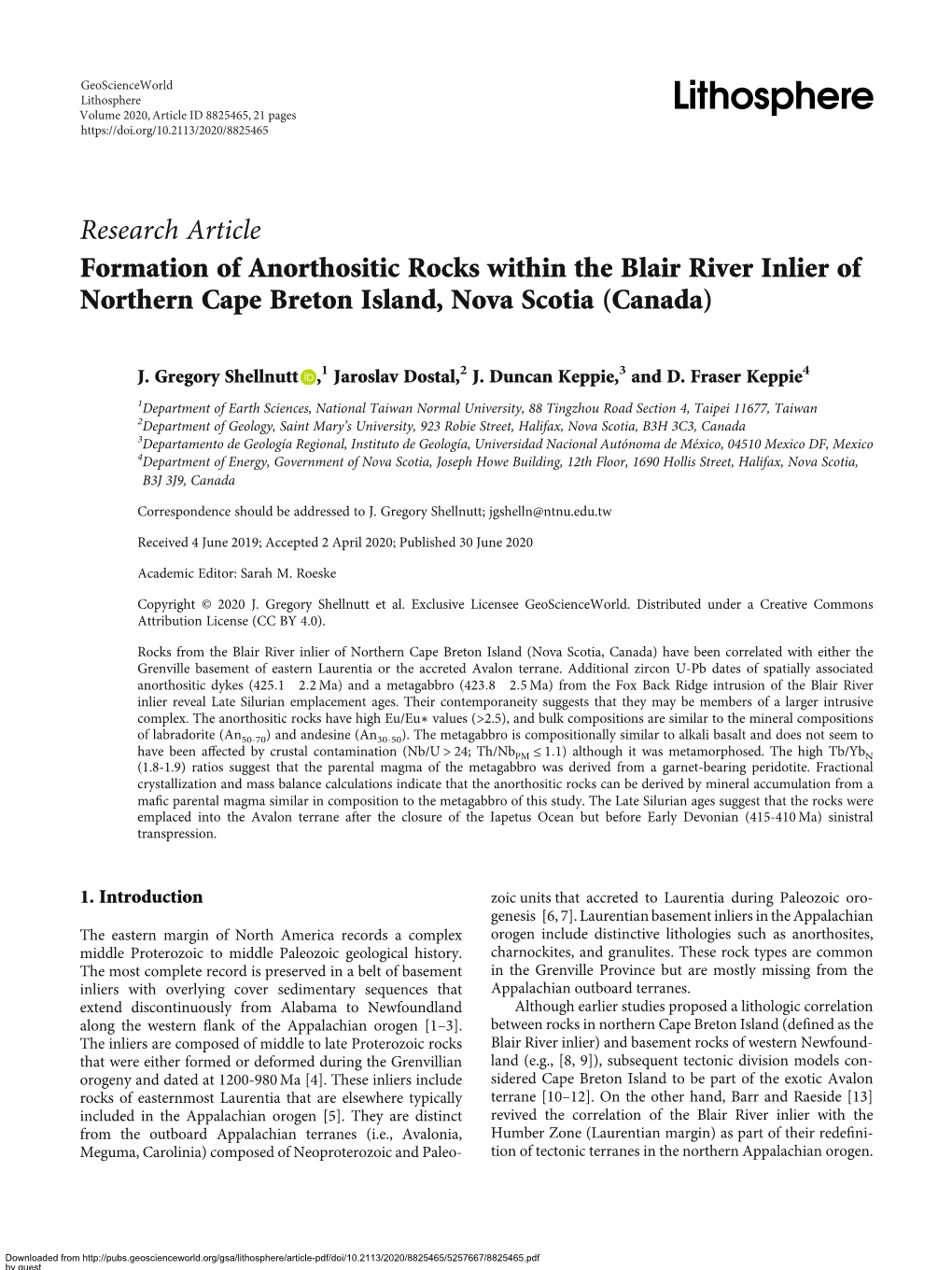 Research Article Formation of Anorthositic Rocks Within the Blair River Inlier of Northern Cape Breton Island, Nova Scotia (Canada)