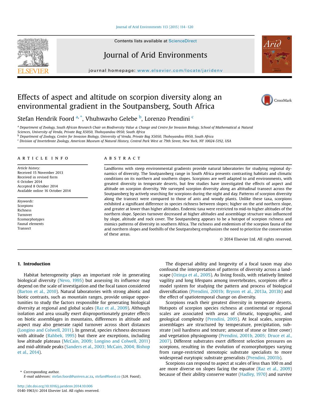 Effects of Aspect and Altitude on Scorpion Diversity Along an Environmental Gradient in the Soutpansberg, South Africa