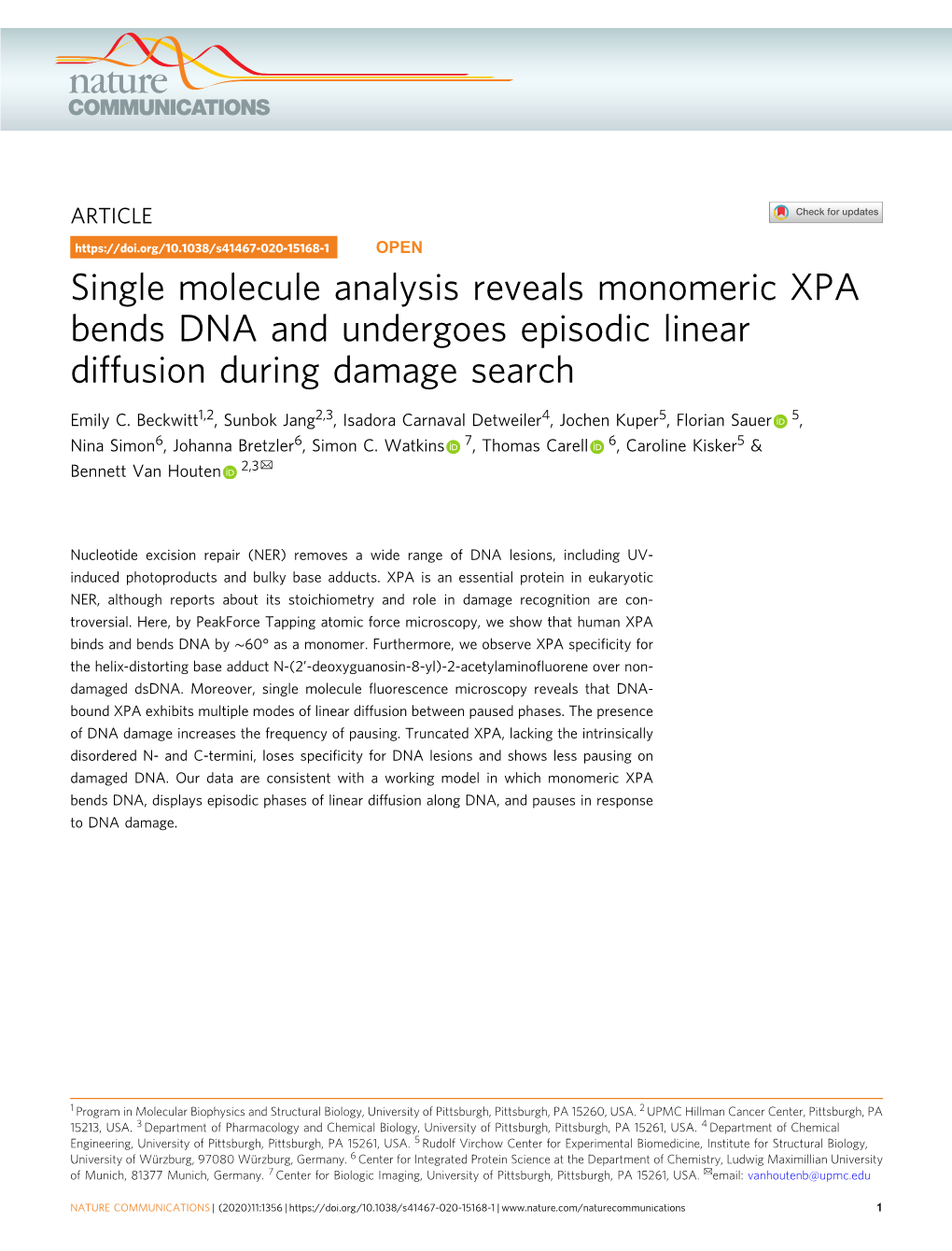 Single Molecule Analysis Reveals Monomeric XPA Bends DNA and Undergoes Episodic Linear Diffusion During Damage Search
