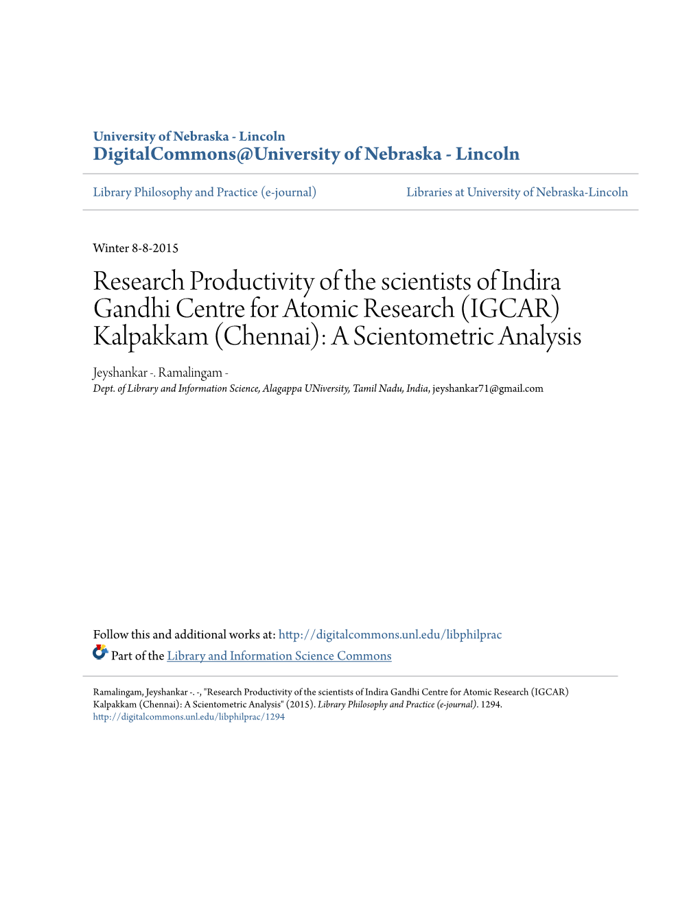 (IGCAR) Kalpakkam (Chennai): a Scientometric Analysis Jeyshankar