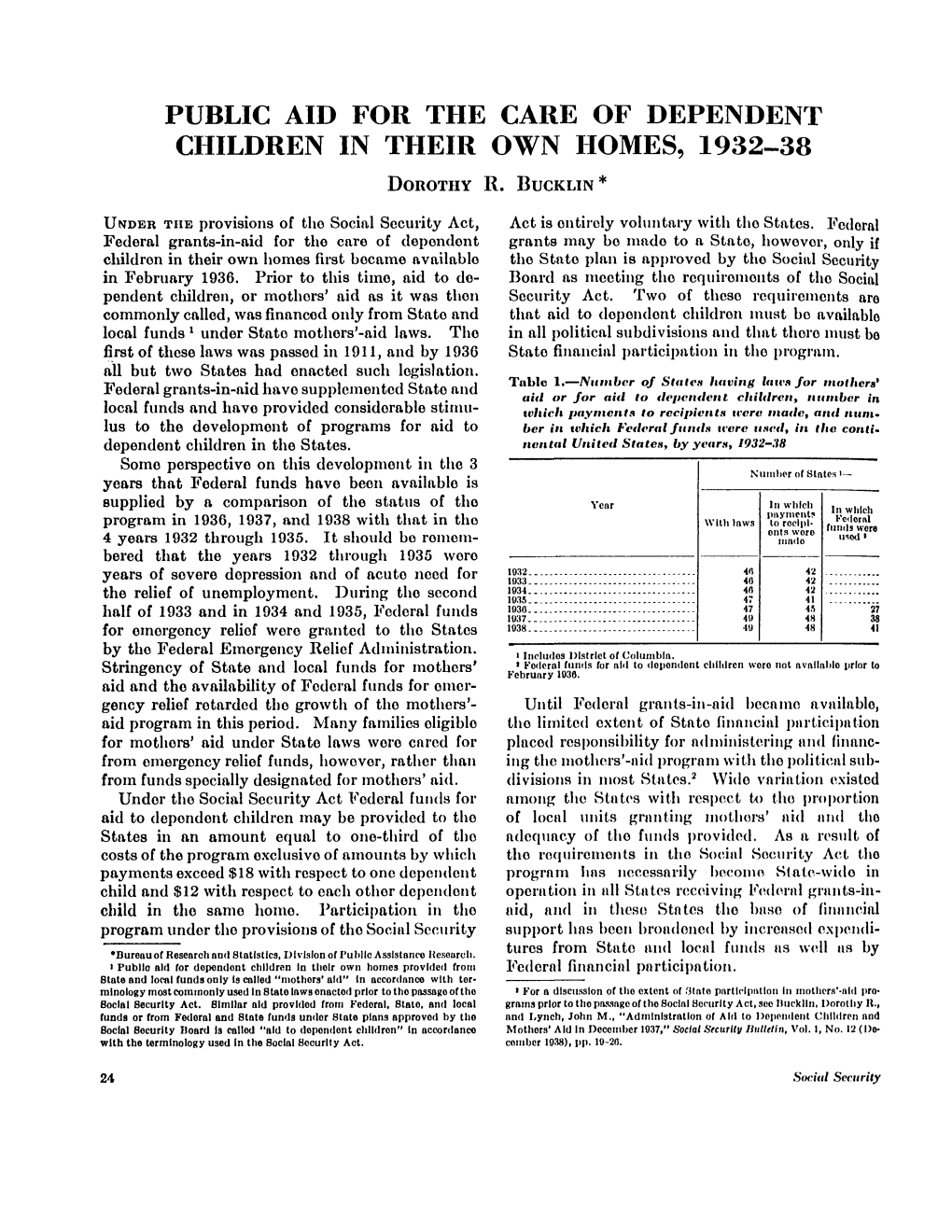 Public Aid for the Care of Dependent Children in Their Own Homes, 1932-38