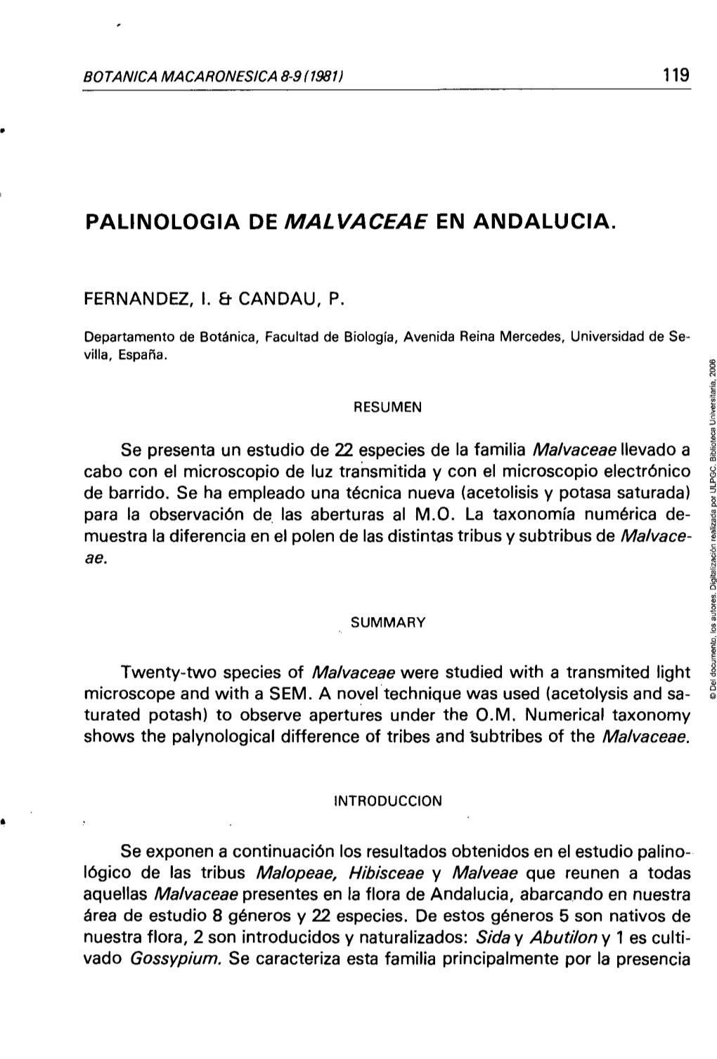 Palinología De Malvaceae En Andalucía