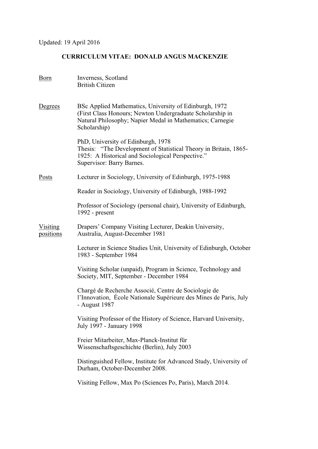 19 April 2016 CURRICULUM VITAE: DONALD ANGUS MACKENZIE