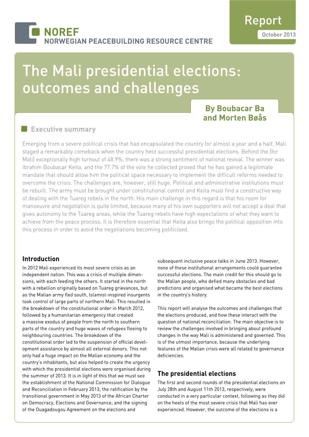 The Mali Presidential Elections: Outcomes and Challenges