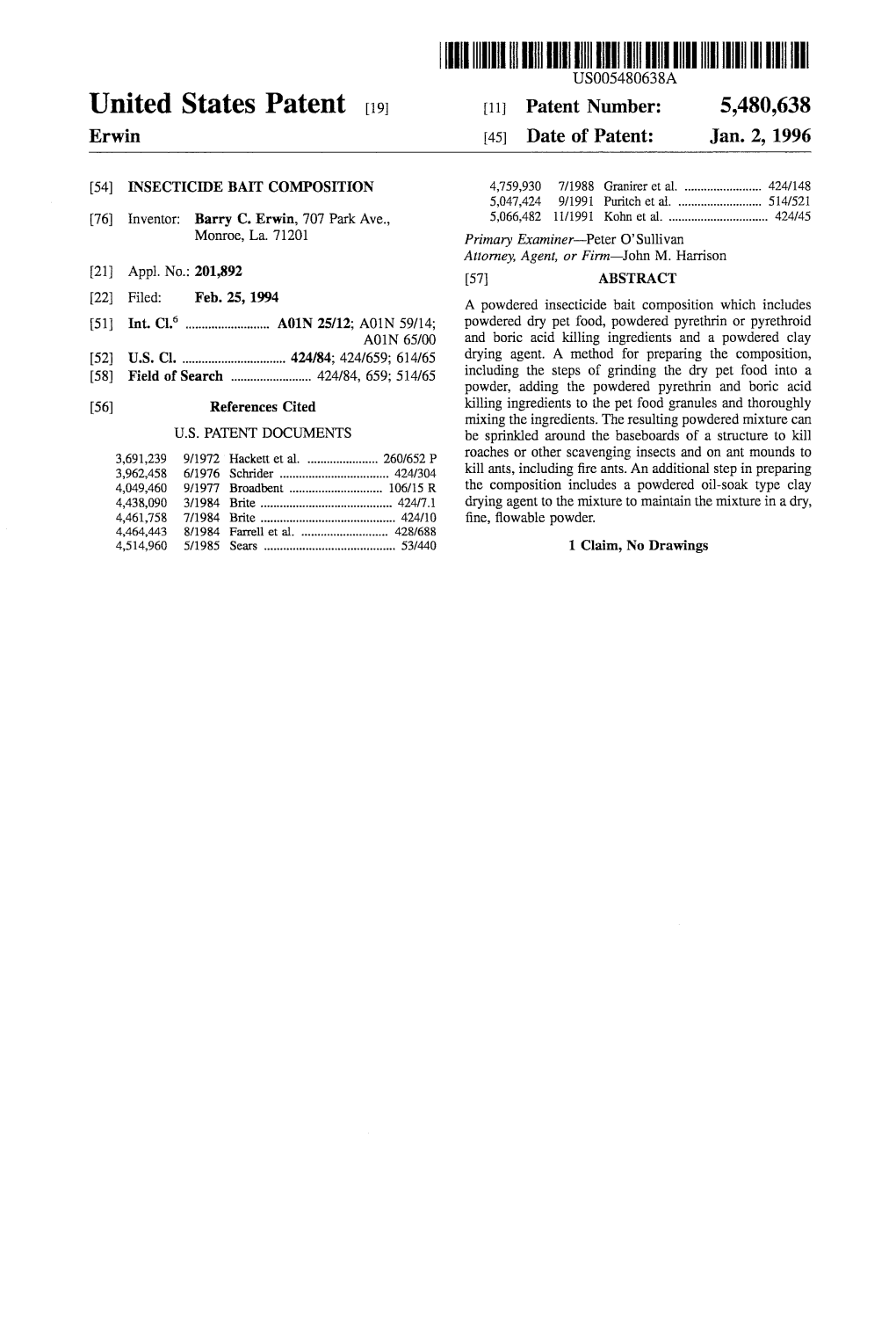 |||||III US005480638A United States Patent 19 11 Patent Number: 5,480,638 Erwin 45) Date of Patent: Jan