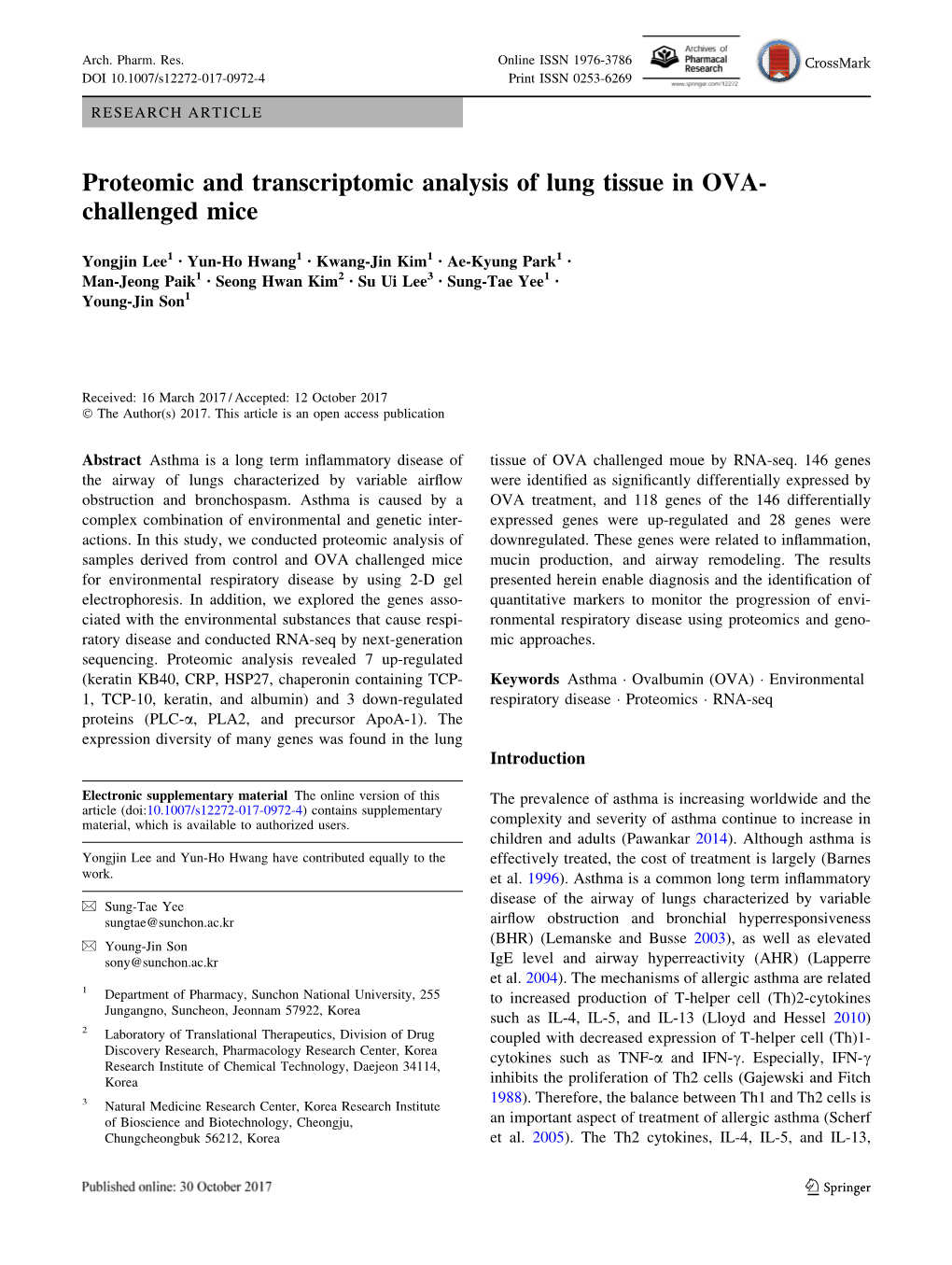 Proteomic and Transcriptomic Analysis of Lung Tissue in OVA-Challenged Mice