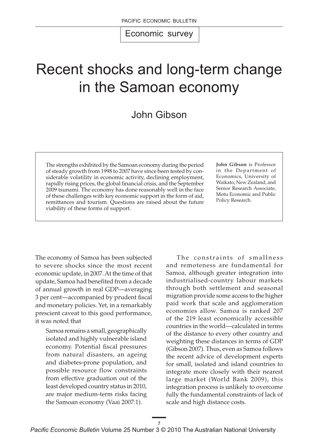 Recent Shocks and Long-Term Change in the Samoan Economy