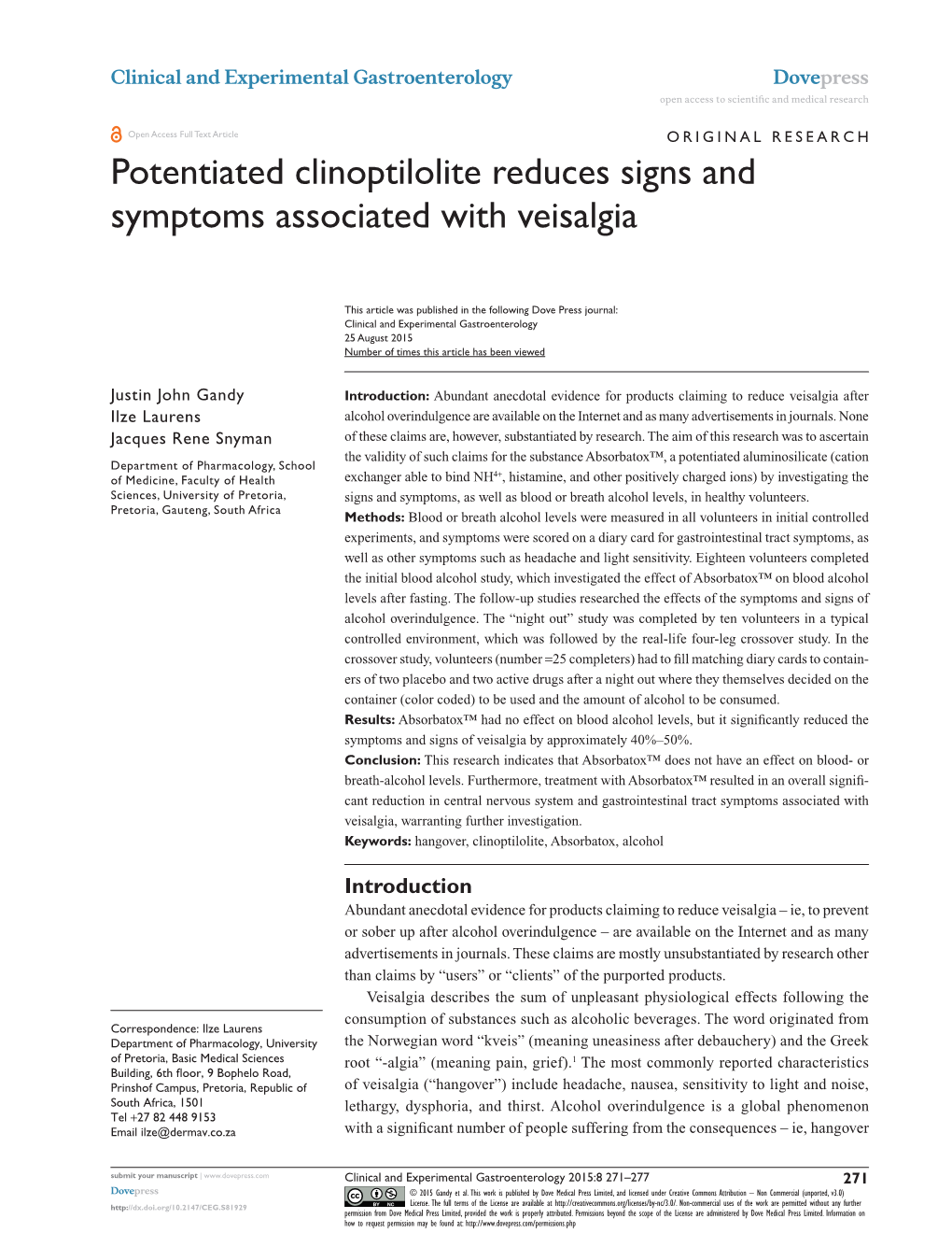 Potentiated Clinoptilolite Reduces Signs and Symptoms Associated with Veisalgia